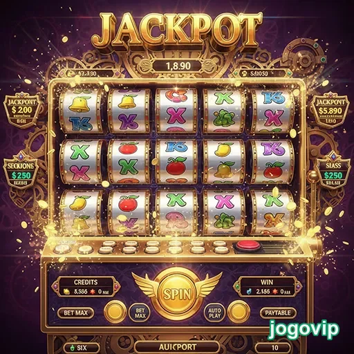 Imagem de uma máquina caça-níqueis jackpot no site jogovip, destacando ganhos e diversão.